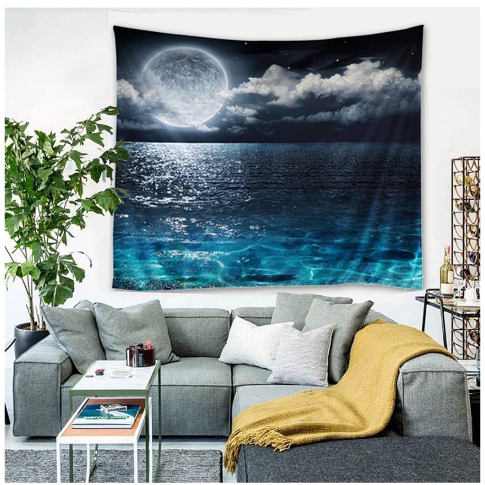 3D Retro Blue Sea Moon Tapestry  59X79inch - Picture 3 of 4